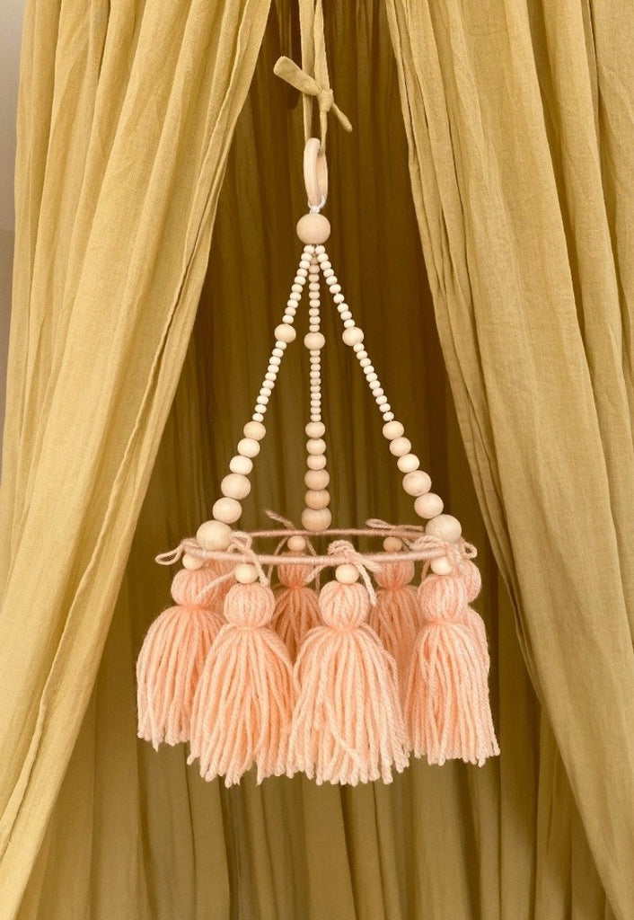 Tassel Mobile Chandelier peach with wooden beads nursery decor - Umbrella Amarela