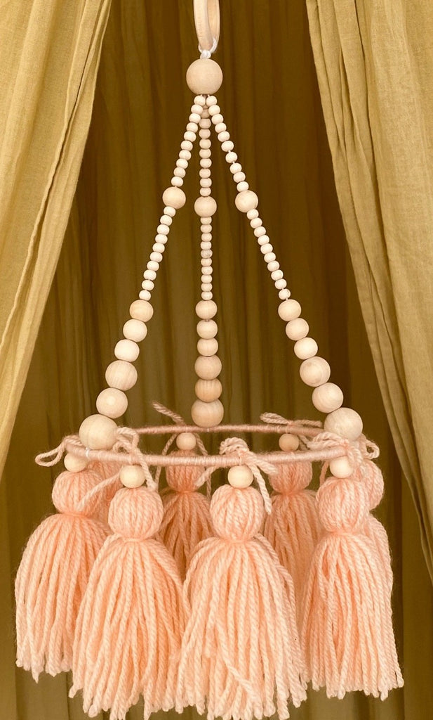 Tassel Mobile Chandelier peach with wooden beads nursery decor - Umbrella Amarela
