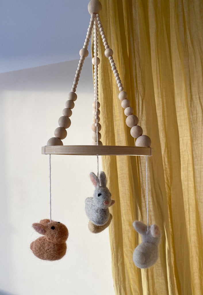 Wooden beads and felt wool bunnies baby mobile - umbrella amarela